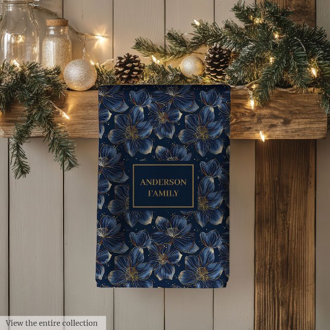 Navy Gold Floral Dish Towel Chic Personalized Gift Kökshandduk (Navy Gold Floral Dish Towel Chic Personalized Gift)