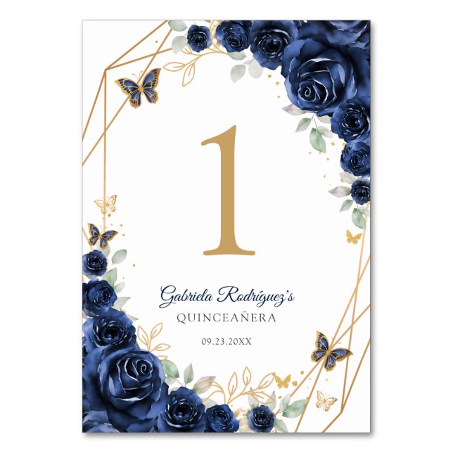 Navy Gold Floral Quinceanera Bordsnummer (Framsidan)
