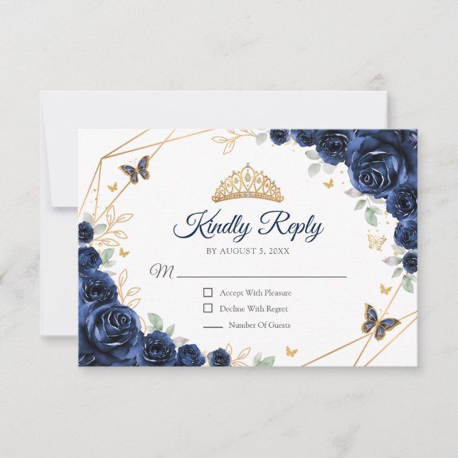 Navy Gold Floral Quinceanera Reply OSA Kort (Framsida)