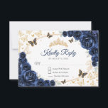 Navy Gold Floral Quinceanera Reply OSA Kort<br><div class="desc">Navy gold floral Quinceanera RSVP reply card. Features,  script font,  gold butterflies,  watercolor roses and tiara. Perfect for an elegant princess style glam celebration. Personalize with your own details.</div>