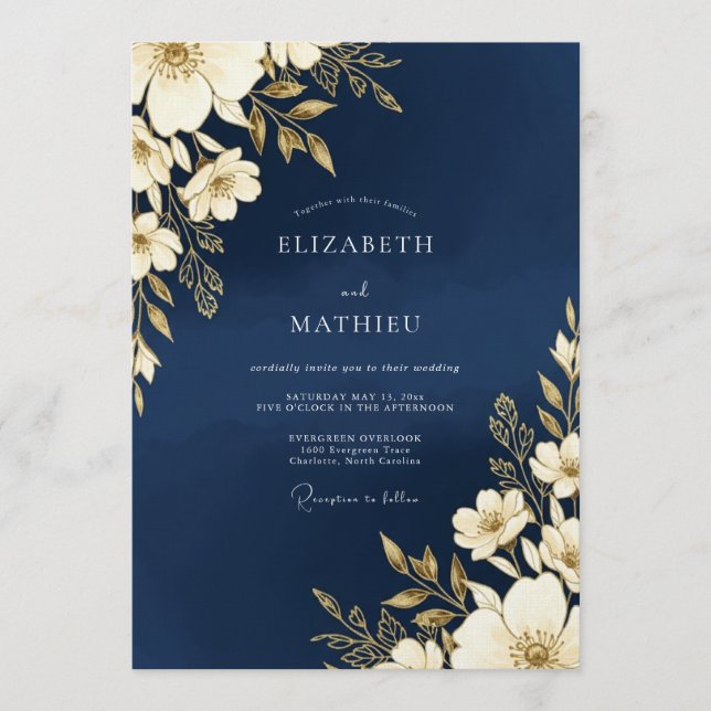 Navy Gold Floral Romance Wedding Inbjudningar (Framsida)