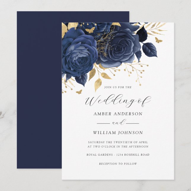 Navy Gold Floral Rose Wedding   Inbjudningar (Fram/baksida)