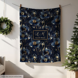 Navy Gold Flower Blanket Modern Custom Name Style Fleecefilt