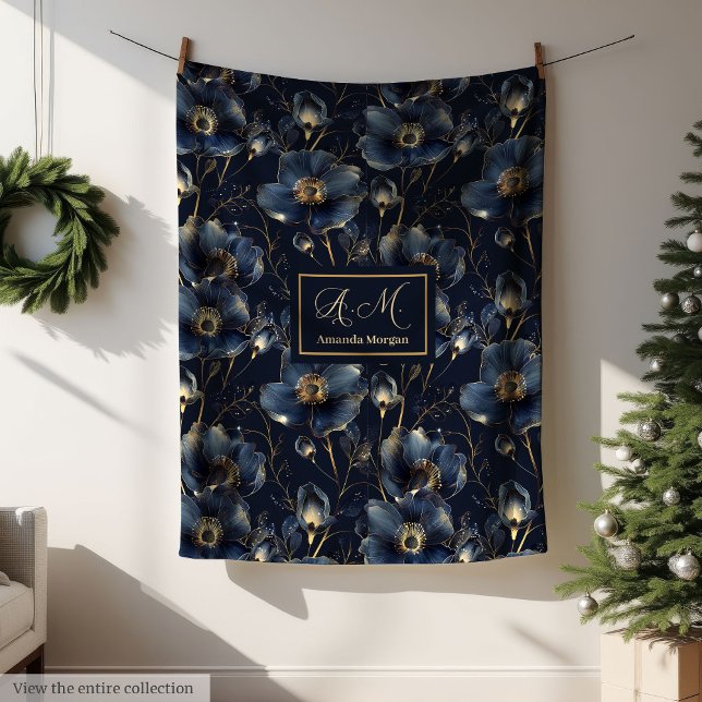 Navy Gold Flower Blanket Modern Custom Name Style Fleecefilt (Navy Gold Flower Blanket Modern Custom Name Style)