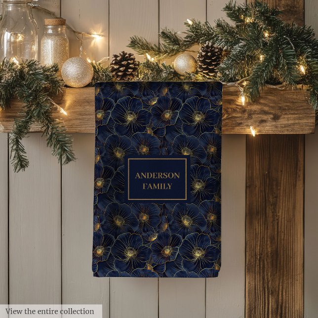 Navy Gold Flower Towel Modern Monogram Kitchen Kökshandduk (Navy Gold Flower Towel Modern Monogram Kitchen)