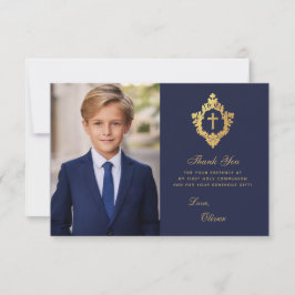 Navy Gold Första Kommunion Elegant Pojke Foto Cres Tack Kort