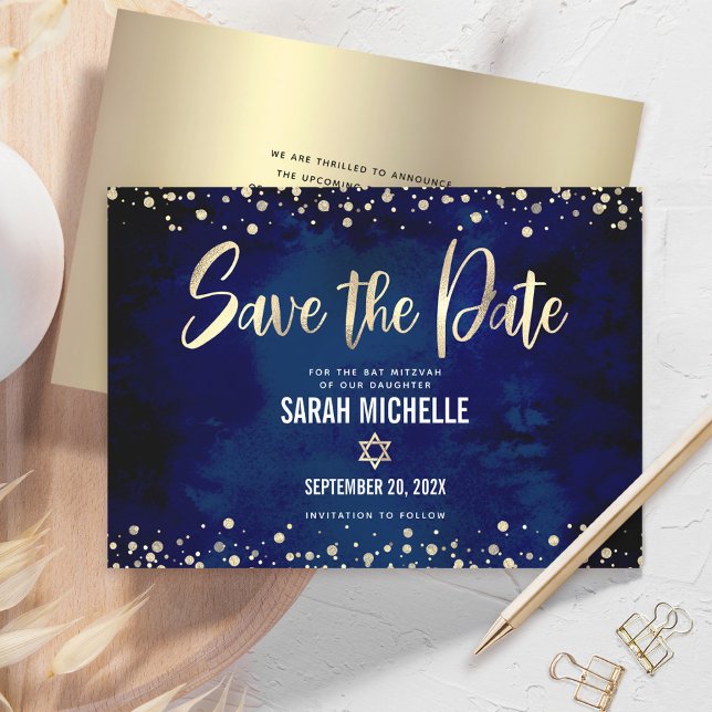 Navy Gold Glitter Bat Mitzvah Manus Modern Fetstil Spara Datumet (Skapare uppladdad)
