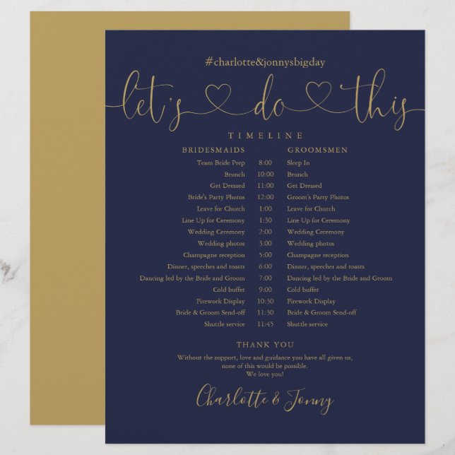 Navy Gold Heart Script Bröllopsschema Tidslinje (Fram/baksida)