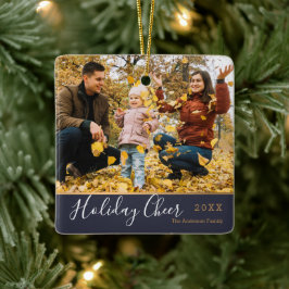 Navy Gold Holiday Cheer Familjefoto Julgransprydnad Keramik