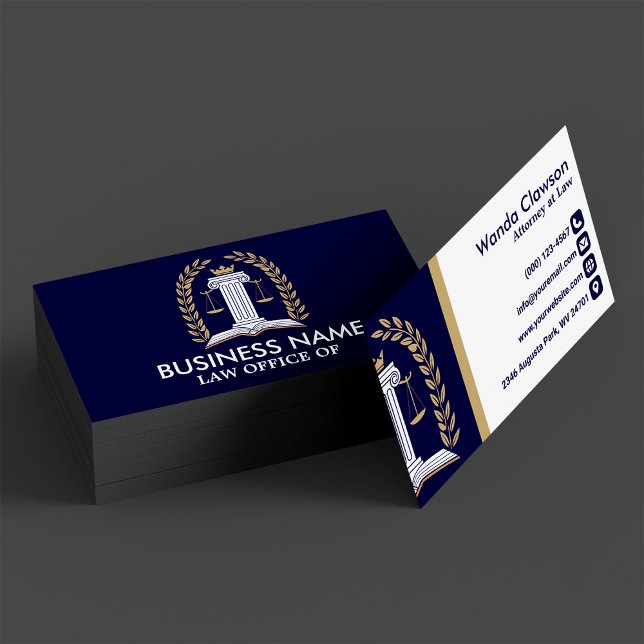 Navy Gold Laurel Scale of Justice Lawyer Visitkort (Skapare uppladdad)