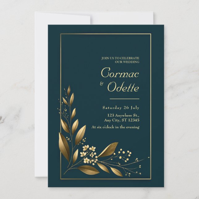 Navy Gold Leaf Botanical Wedding Inbjudningar (Framsida)