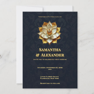 Navy Gold Lotus Wedding Invitation Elegant Inbjudningar