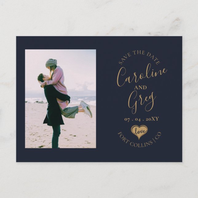 Navy Gold Love Typografi Foto Spara datum Meddelande Vykort (Framsida)