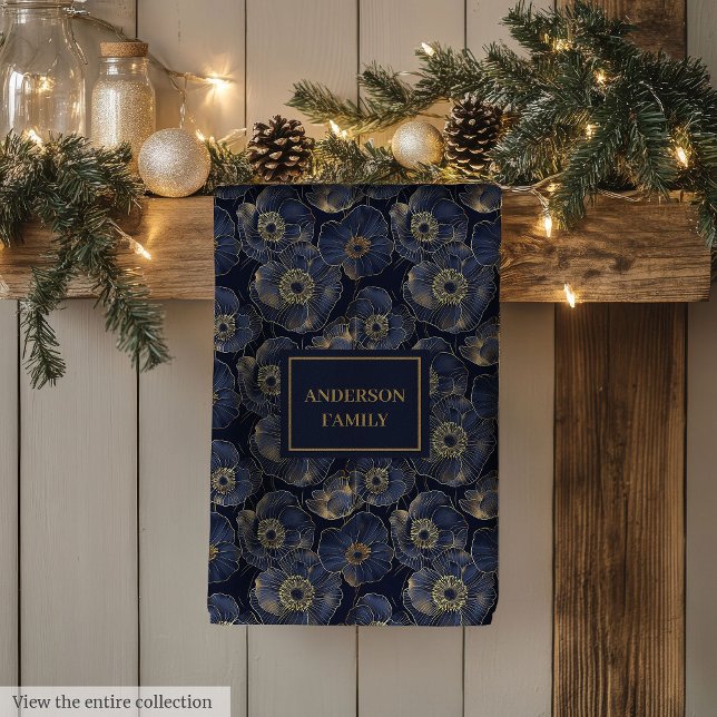 Navy Gold Lux Towel Custom Name Floral Accent Kökshandduk (Navy Gold Lux Towel Custom Name Floral Accent)