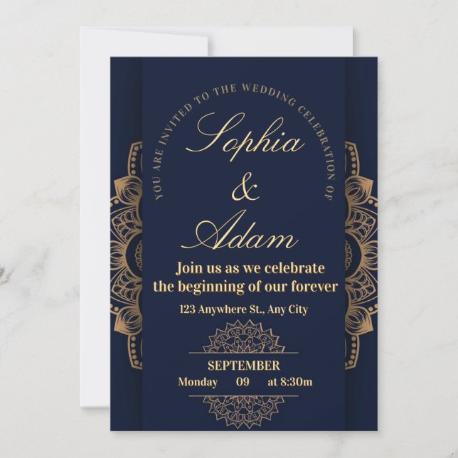 Navy & Gold Mandala-inbjudan Spara Datumet (Framsida)