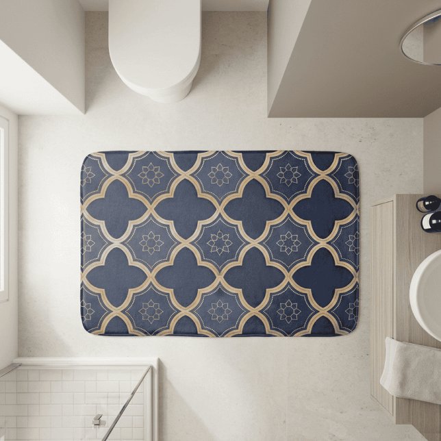 Navy & Gold Marockansk Quatrefoil Geometriskt Möns Badrumsmatta (navy and gold moroccan bath mat)