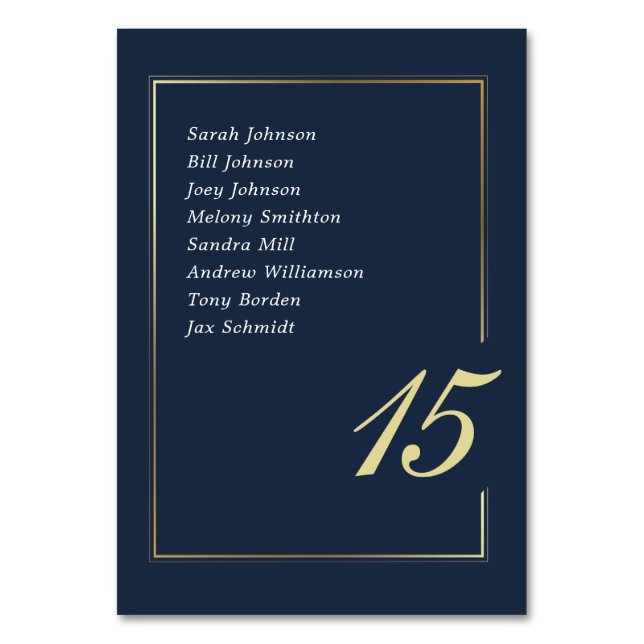 Navy Gold Minimal Border Script Typography Wedding Bordsnummer (Framsidan)