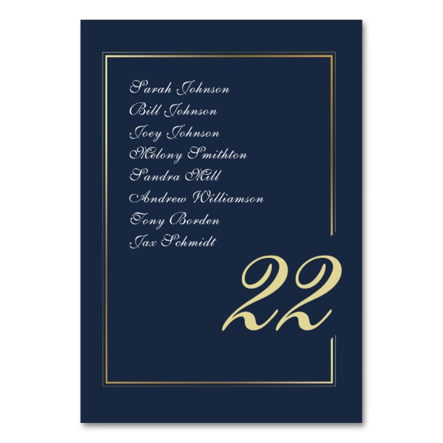Navy Gold Minimal Script Calligraphy Wedding Bordsnummer (Framsidan)