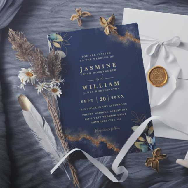 Navy Gold Modern Elegant Chic QR Code Wedding Inbjudningar (Skapare uppladdad)