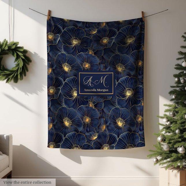 Navy Gold Monogram Blanket Chic Floral Decor Fleecefilt (Navy Gold Monogram Blanket Chic Floral Decor)
