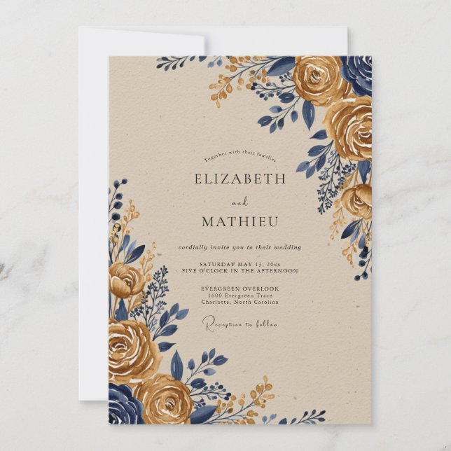 Navy Gold Ornate Rustic Wedding Inbjudningar (Framsida)