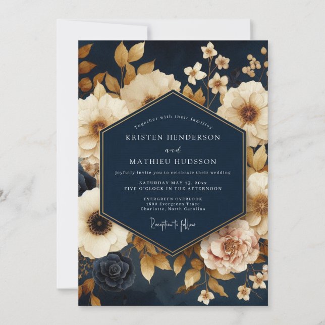 Navy Gold Painterly Bloom Wedding Inbjudningar (Framsida)