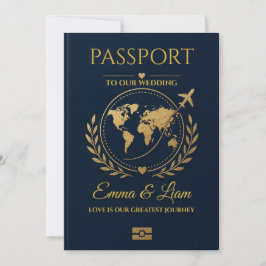 Navy Gold Passport Bröllopsinbjudan för Destinatio Inbjudningar