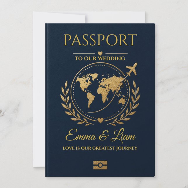 Navy Gold Passport Bröllopsinbjudan för Destinatio Inbjudningar (Framsida)