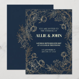 Navy Gold Peony Kant Bröllopsinbjudan Inbjudningar