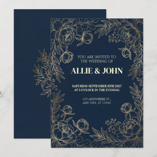 Navy Gold Peony Kant Bröllopsinbjudan Inbjudningar