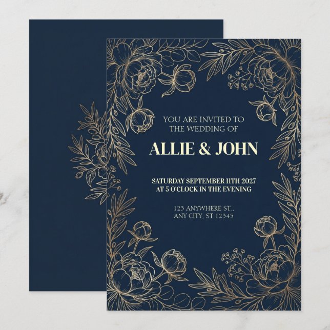 Navy Gold Peony Kant Bröllopsinbjudan Inbjudningar (Fram/baksida)