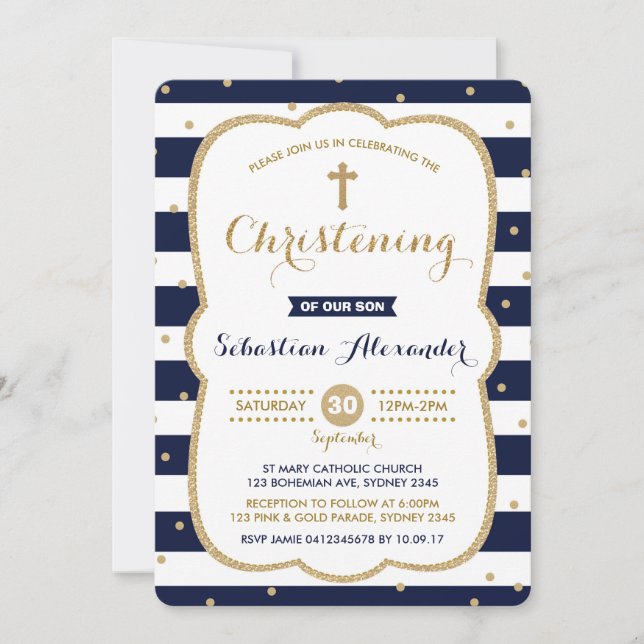 Navy & Gold Pojke Dop Invitation Konfetti Inbjudningar (Framsida)