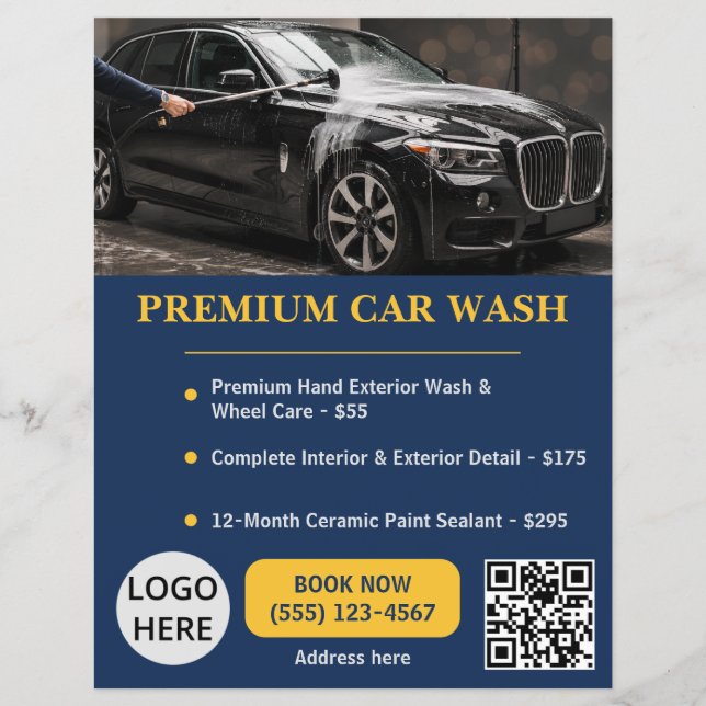 Navy Gold Premium Biltvätt Auto Service Elegant Reklamblad (Framsidan)