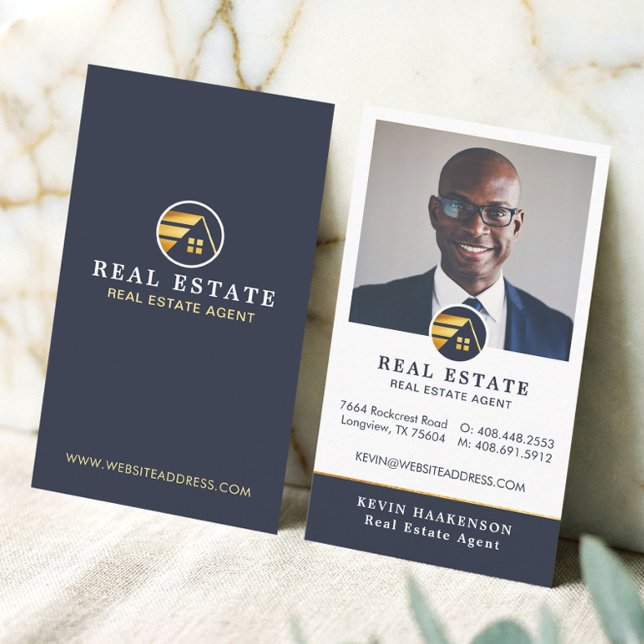 Navy Gold Professional Fastighetsmäklare Foto Visitkort (Navy Gold Professional Real Estate Broker Photo Business Card)