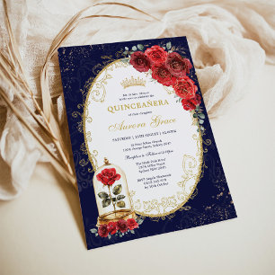 Navy Gold Quinceañera Förtrollade Röda Roser Fest Inbjudningar
