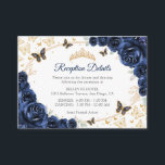 Navy Gold Quinceanera Reception Details Tilläggskort<br><div class="desc">Navy gold Quinceanera reception details enclosure cards. Features,  script font,  gold butterflies,  watercolor roses and tiara. Perfect for an elegant princess style glam celebration. Personalize with your own details.</div>