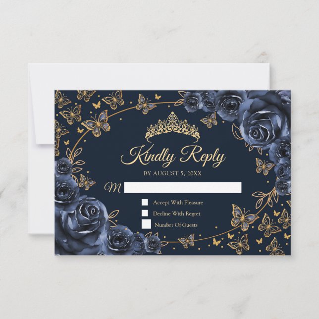 Navy Gold Quinceanera Reply OSA Kort (Framsida)