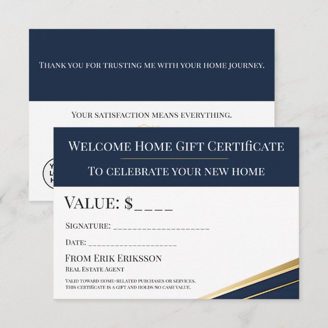 Navy Gold Realtor Welcome Home Gift Certificate (Fram/baksida)