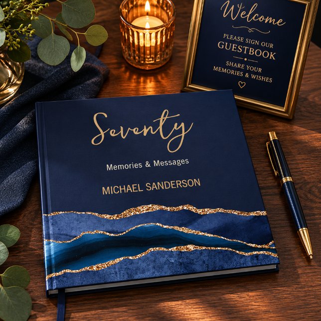 Navy Gold Sjuttio Minnes Gästbok (Elegant navy and gold 70th birthday guestbook with luxe memory table styling.)