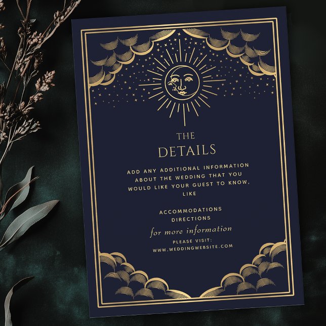 Navy Gold Sun and Moon Tarot Wedding Details Tilläggskort (Skapare uppladdad)