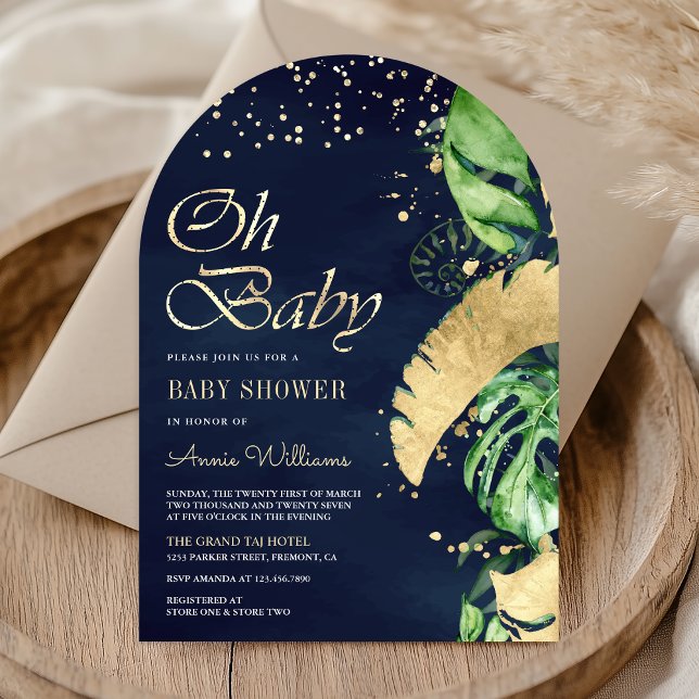Navy Gold Tropisk Monstera Palm Båge Bebis Shower Inbjudningar (Skapare uppladdad)