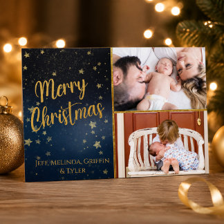 Navy Gold Två Foto God Jul Kort