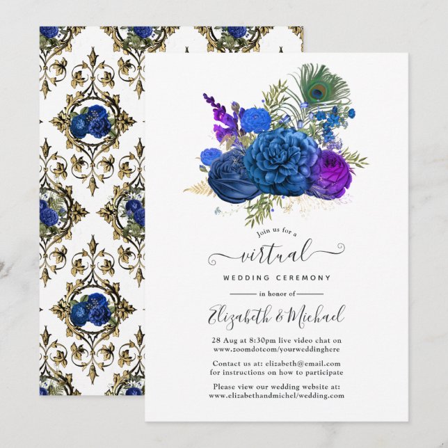 Navy & Gold Vintage Påfågel Blommig Virtuell Bröll Inbjudningar (Fram/baksida)
