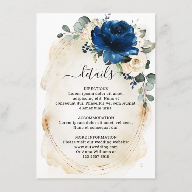 Navy Gold Vitt Champagne Elfenbensrosor Detaljer Tilläggskort (Framsida)