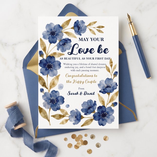 Navy Gold Watercolor Blommig Bröllopshälsning Kort (Skapare uppladdad)