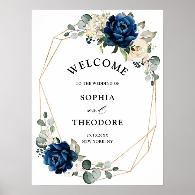 Navy Gold White Champagne Ivory  Wedding Welcome Poster (Framsidan)
