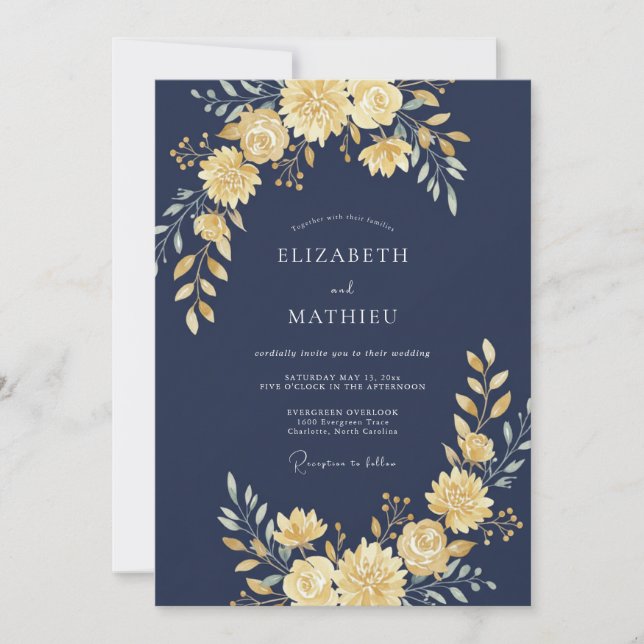 Navy Golden Blommig Flourish Bröllop Inbjudningar (Framsida)