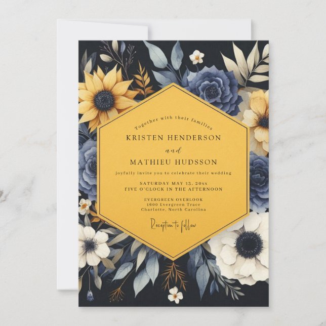 Navy Golden Botanisk Bröllop Inbjudningar (Framsida)