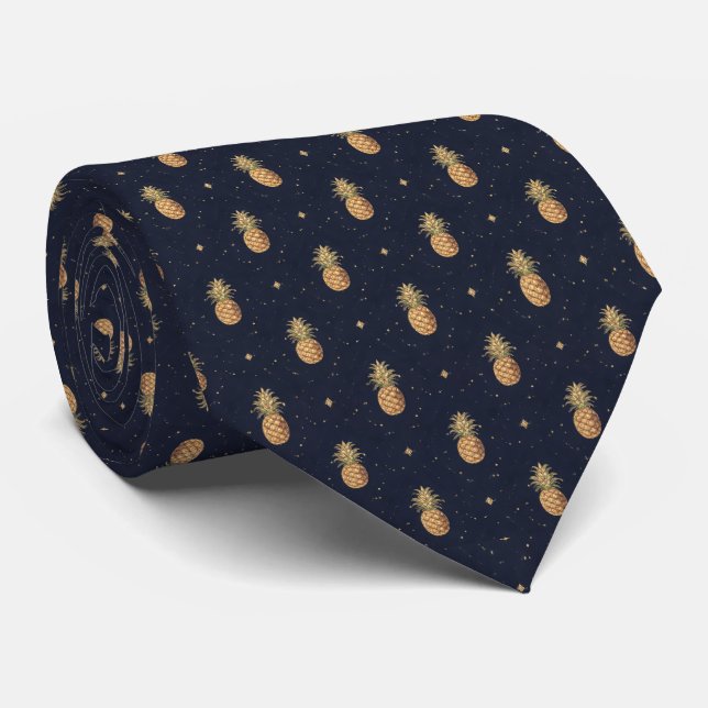 Navy Golden Pineapple Tropiskt Mönster Slips (Rullad)