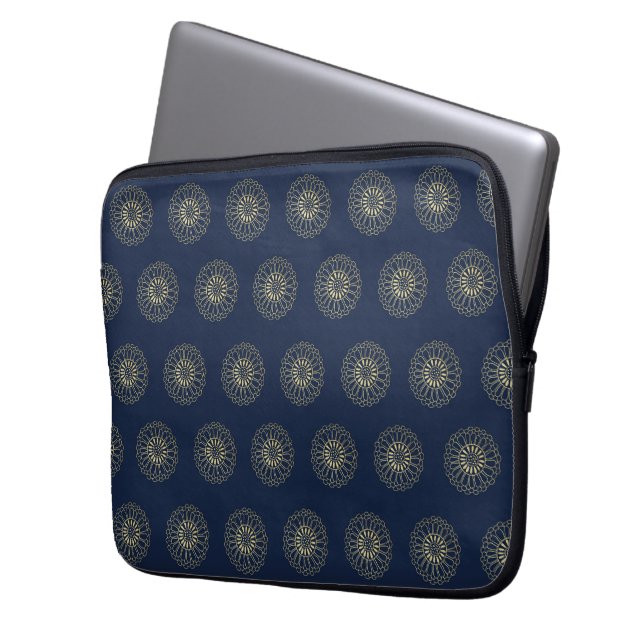 Navy | Golden Zinnia Flower Medallions Laptop Fodral (Framsidan Vänster)
